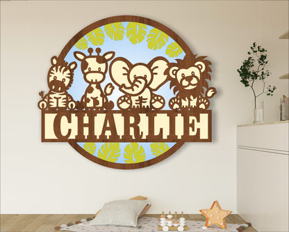 Safari animals layered name wall sign. SVG / DXF / AI / PDF / CDR