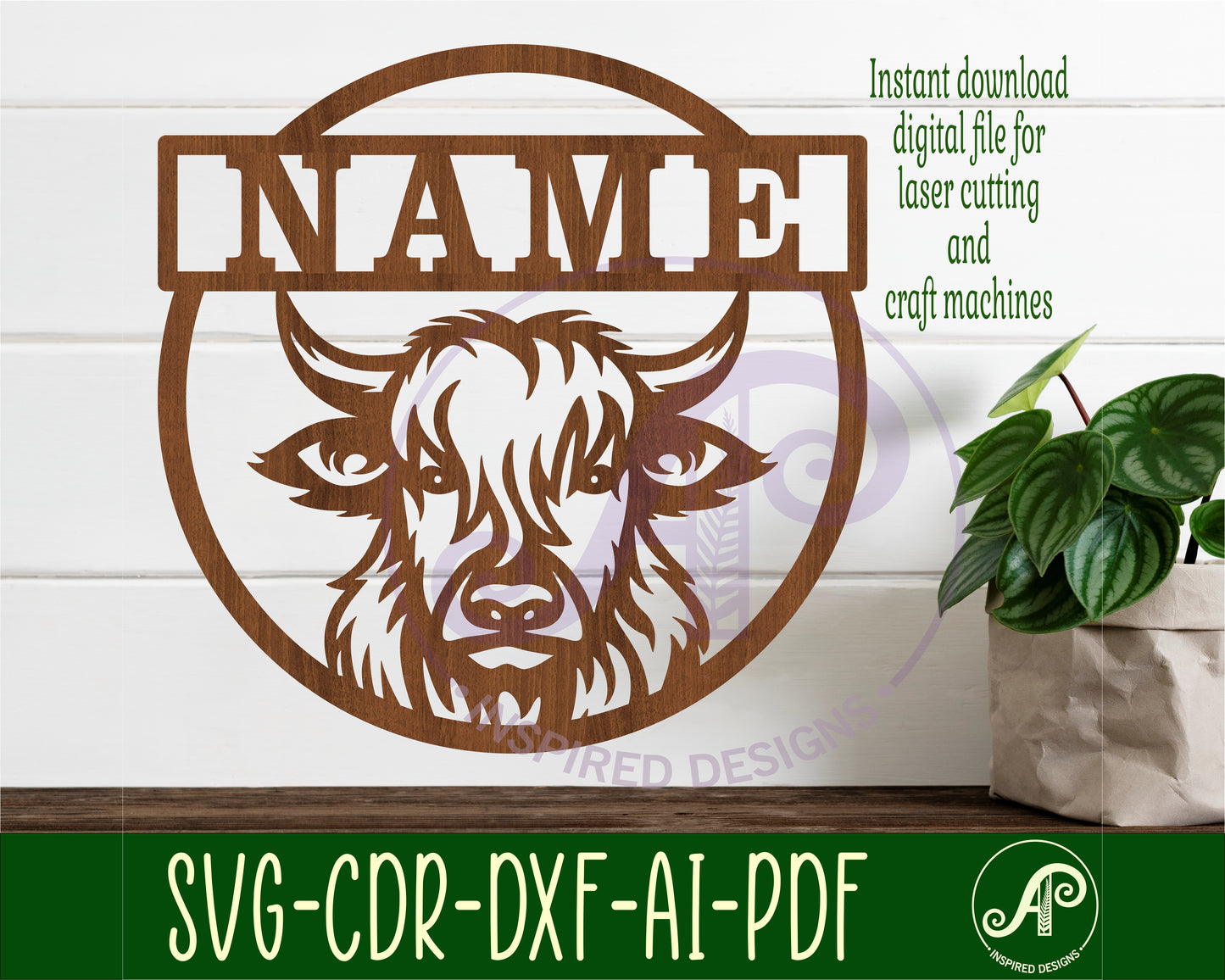 Highland cow name wall sign. SVG / DXF / AI / PDF / CDR