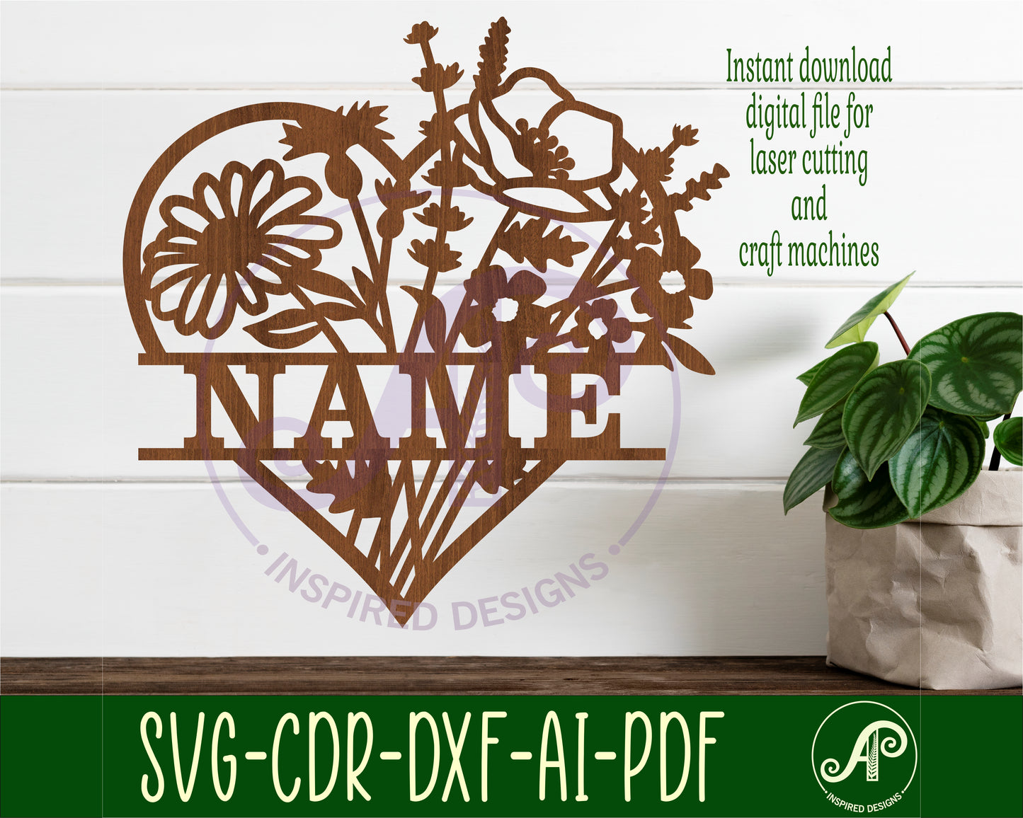 Wild flower heart shape name sign SVG / DXF / AI / PDF / CDR