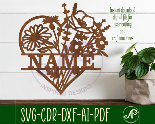 Wild flower heart shape name sign SVG / DXF / AI / PDF / CDR