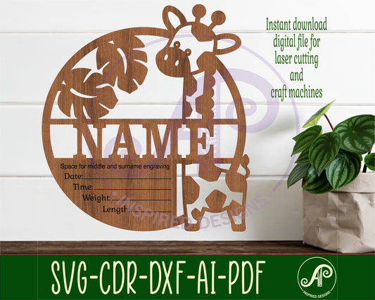 Giraffe baby stats, Birth plaque, Newborn baby name sign