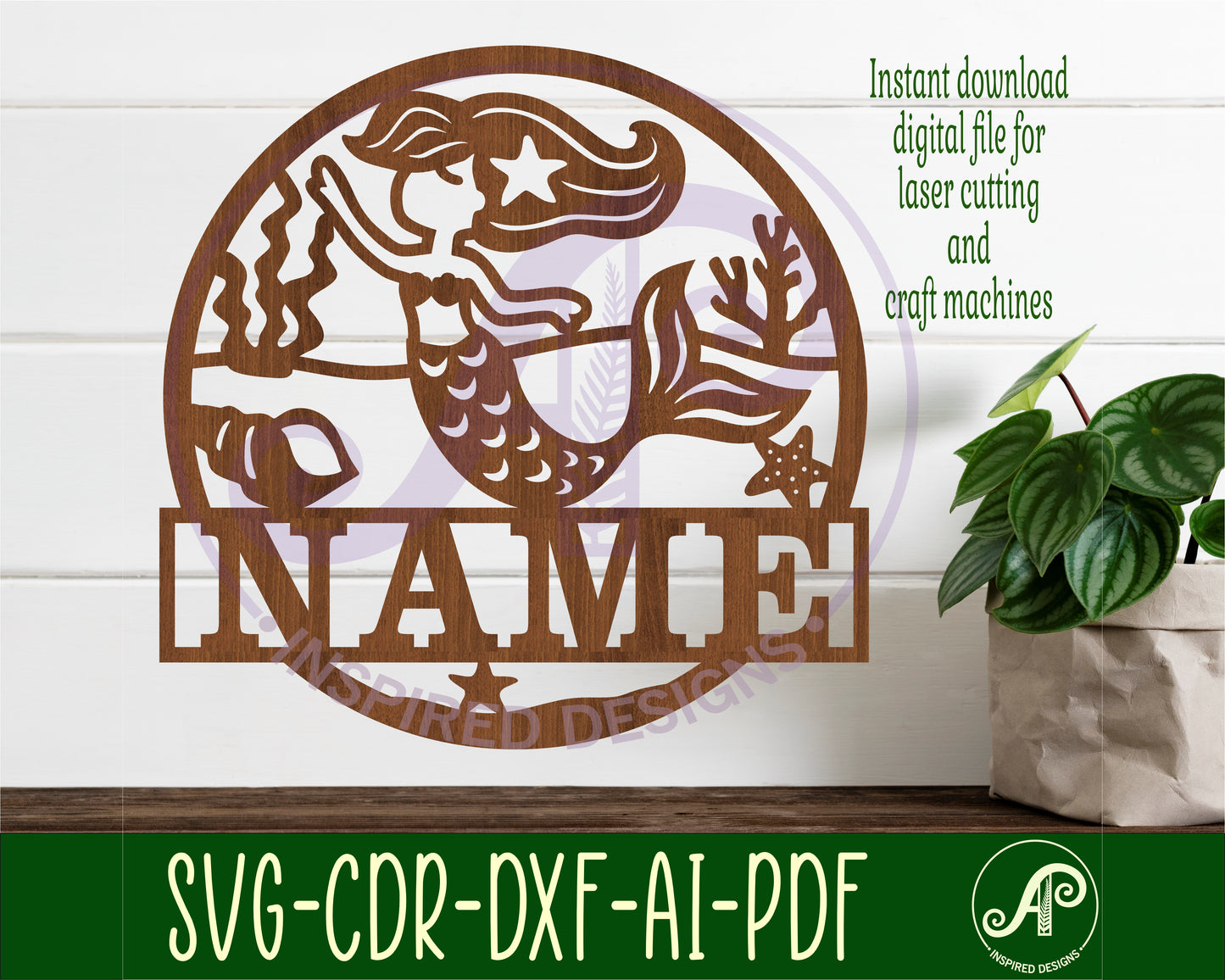 Mermaid name wall sign. SVG / DXF / AI / PDF / CDR