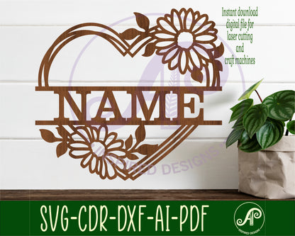 Daisy flower heart shape name sign SVG / DXF / AI / PDF / CDR