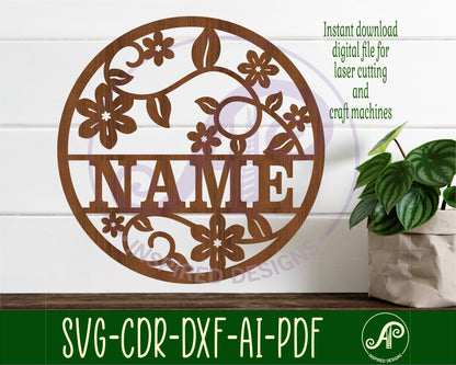 Vine flowers name wall sign. SVG / DXF / AI / PDF / CDR