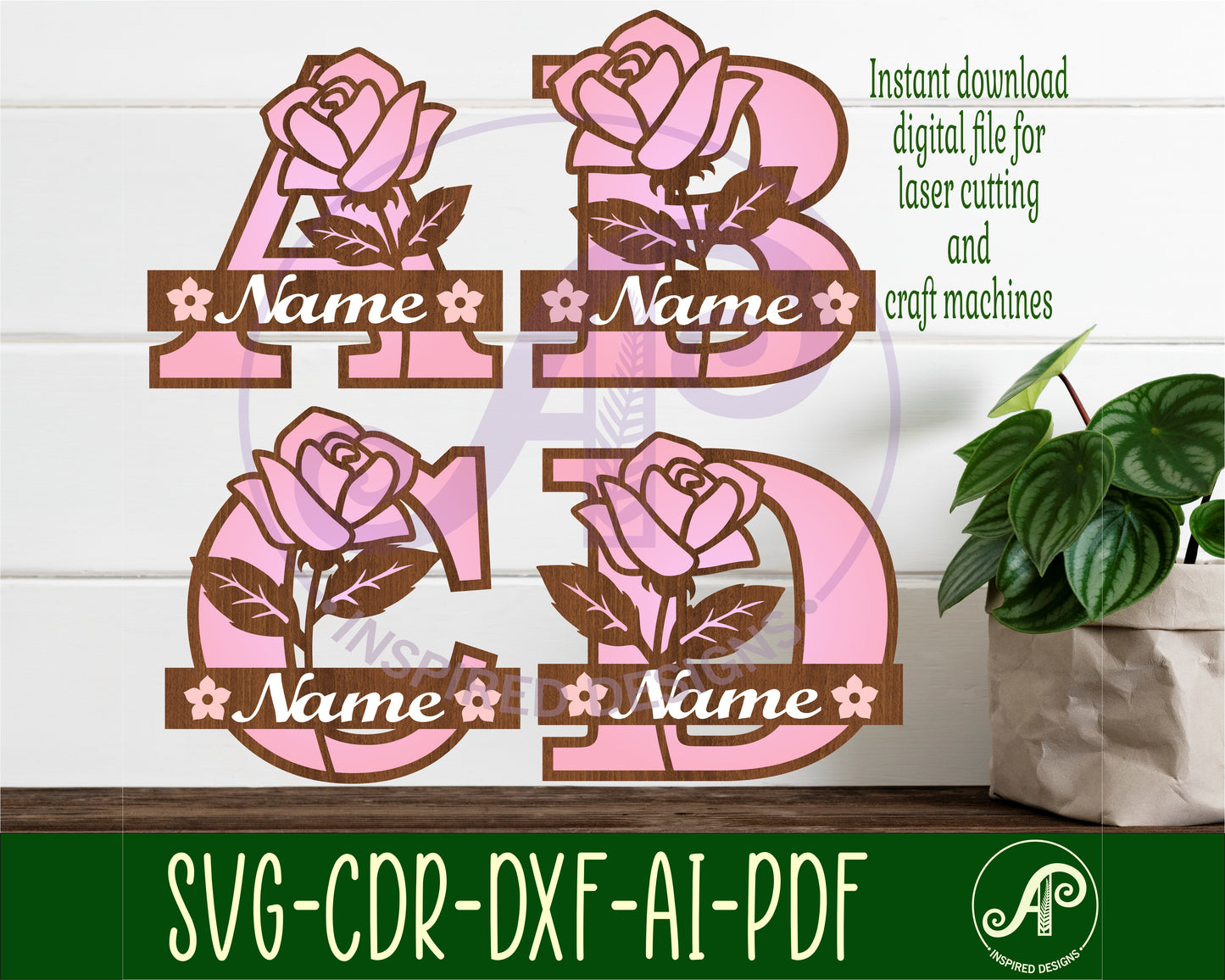 Rose layered monogram sign SVG / DXF / AI / PDF / CDR