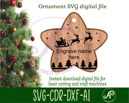 Santa sleigh star engraved ornament design SVG / DXF / AI