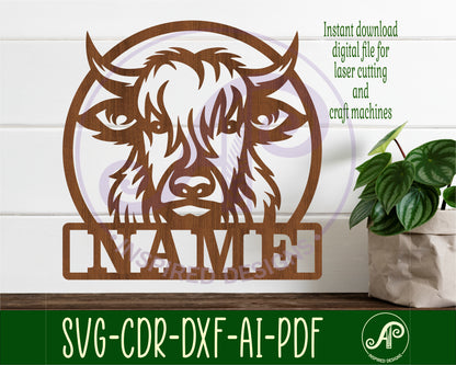 Highland cow detailed shape name sign SVG / DXF / AI / PDF / CDR