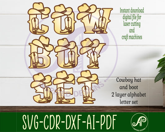 Cowboy hat and boot alphabet letter set. 26 letter options