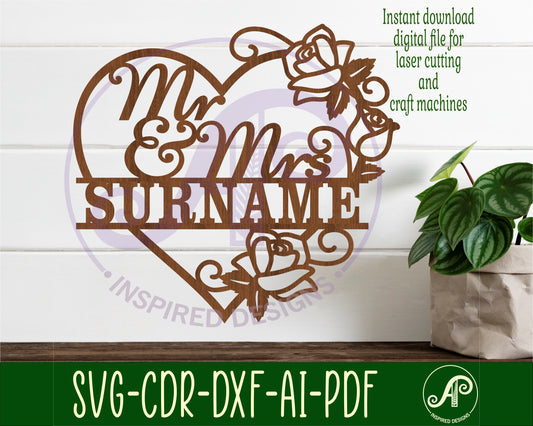 Rose vine heart Mr and Mrs shape name sign SVG / DXF / AI / PDF / CDR