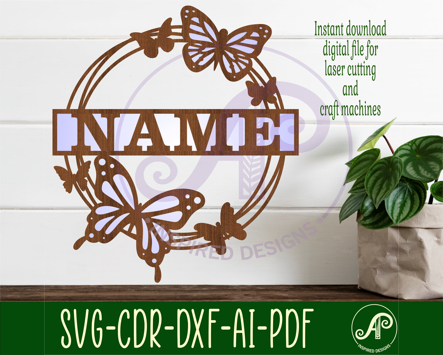 Butterfly wreath shape name sign SVG / DXF / AI / PDF / CDR