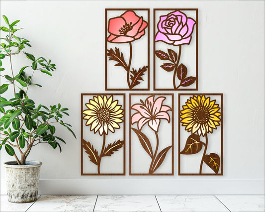 5 flower two layer wall art panels SVG / DXF / AI / PDF / CDR