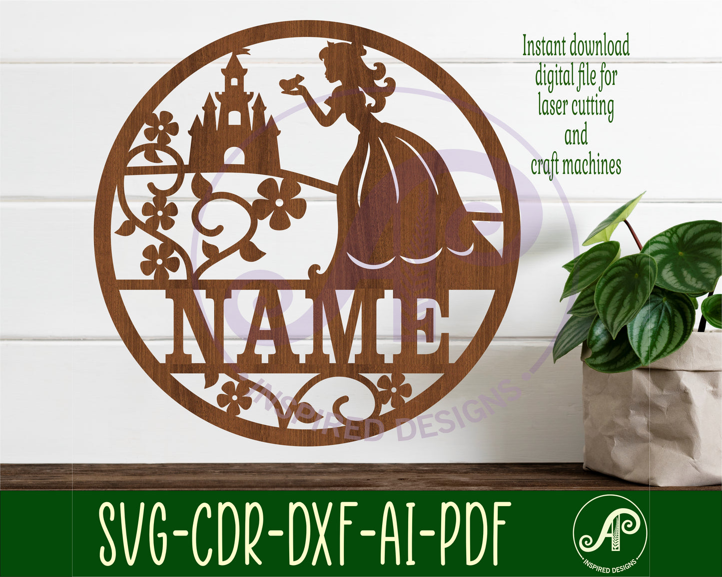 Princess and vine name wall sign. SVG / DXF / AI / PDF / CDR