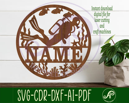 Scuba diver name wall sign. SVG / DXF / AI / PDF / CDR