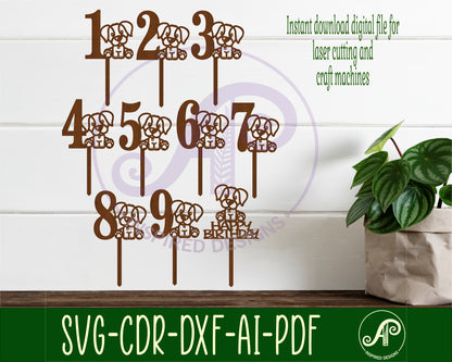 Cute dog number cake topper designs SVG / DXF / AI / PDF / CDR