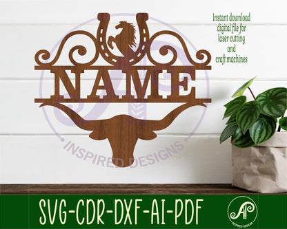 long horn cowboy rodeo design shape name sign SVG / DXF / AI / PDF / CDR