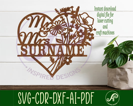 Mr and Mrs wild flower heart shape name sign SVG / DXF / AI / PDF / CDR