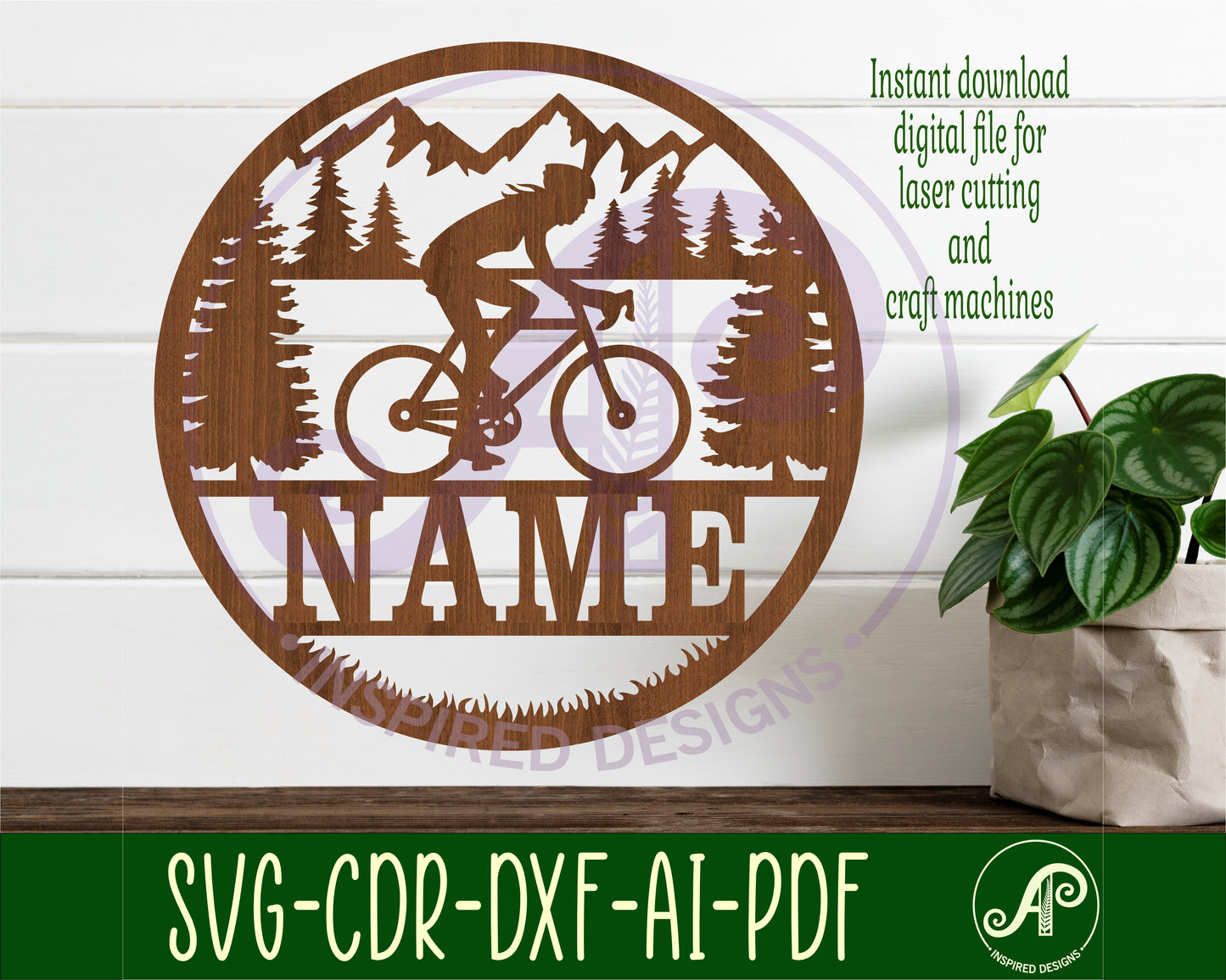 Cyclist female name wall sign. SVG / DXF / AI / PDF / CDR