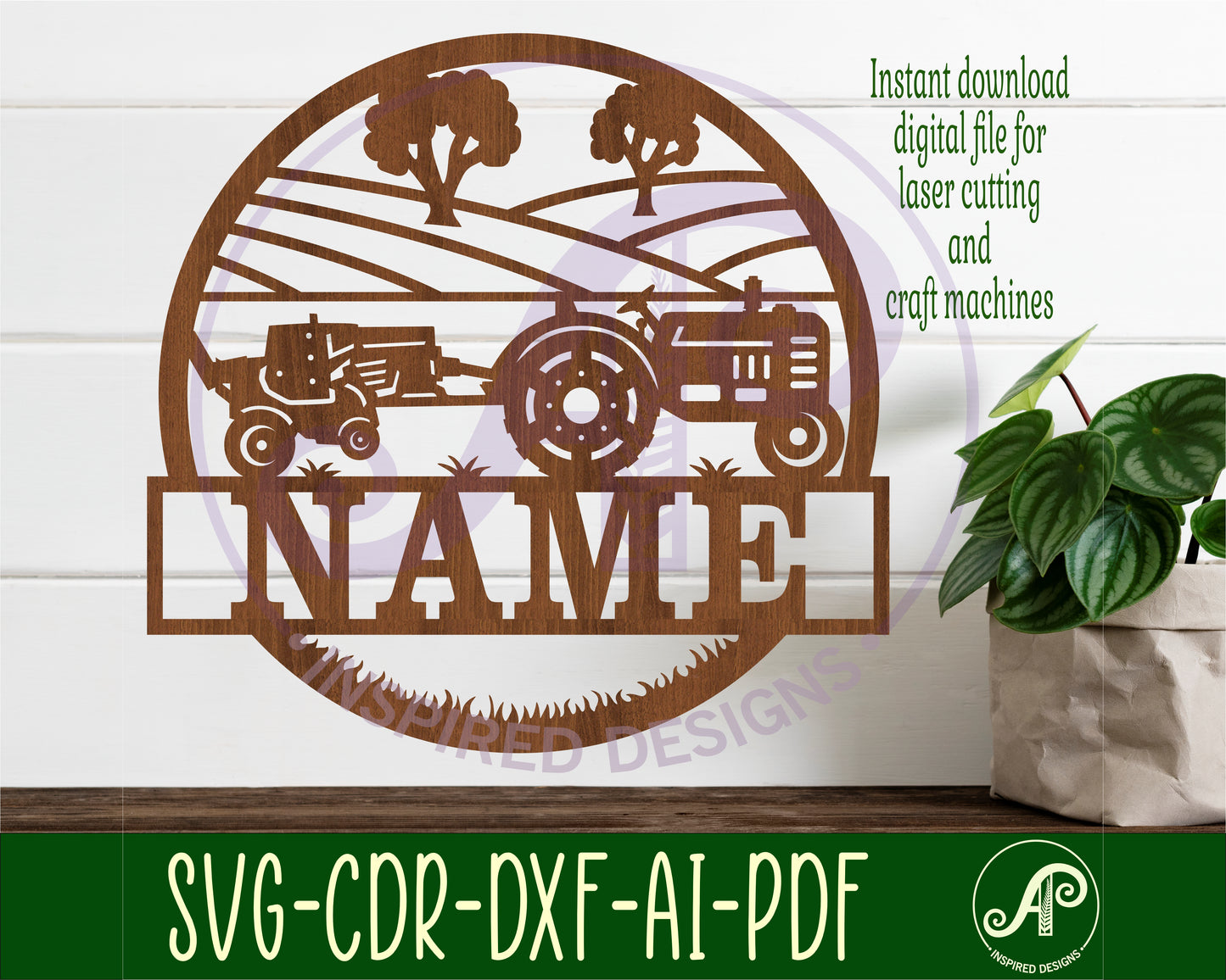 Farm hay baler and tractor name wall sign. SVG / DXF / AI / PDF / CDR