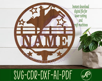 Bull rider name wall sign. SVG / DXF / AI / PDF / CDR