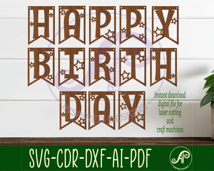 Happy birthday bunting banner SVG laser cut, instant download Pdf, Dxf, Ai and Cdr template.