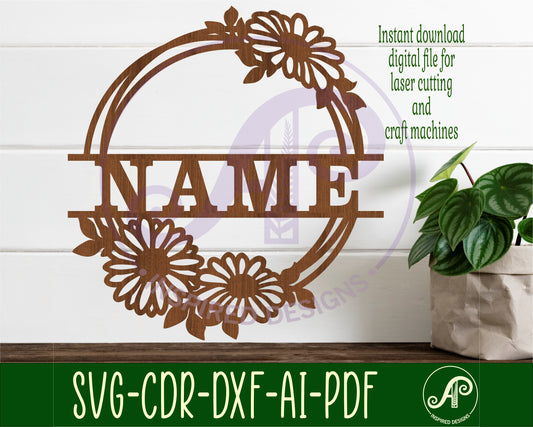 Daisy wreath name wall sign. SVG / DXF / AI / PDF / CDR