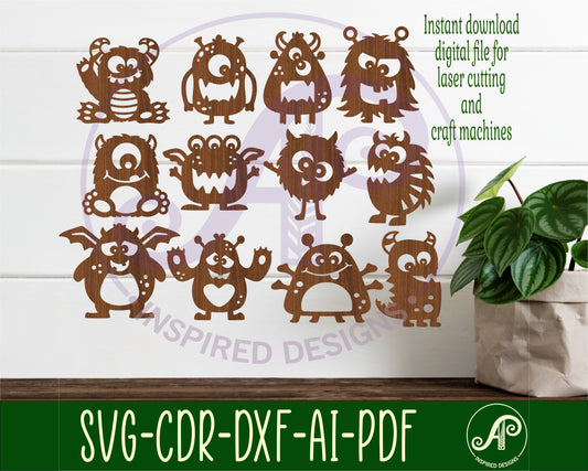 Cute monsters designs, 12 silhouette shapes