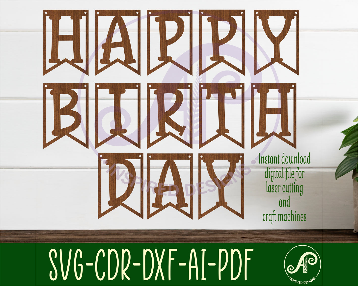 Happy birthday bunting SVG laser cut, instant download Pdf, Dxf, Ai and Cdr template.