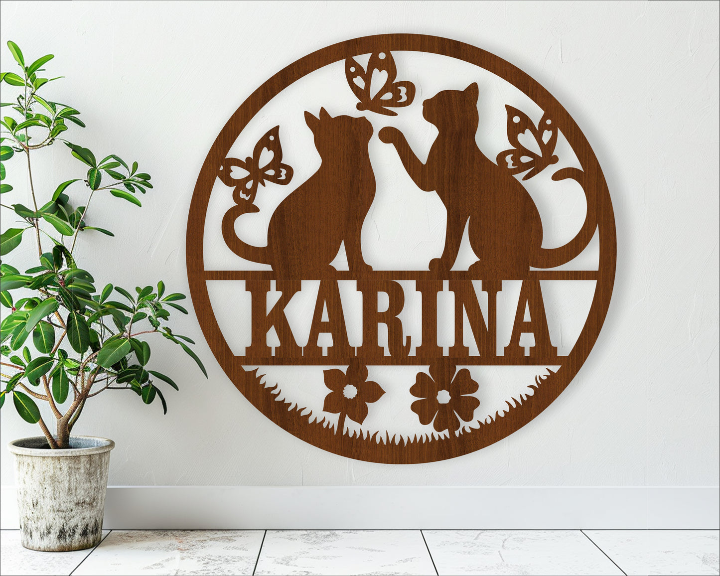 Cat and butterflies name wall sign. SVG / DXF / AI / PDF / CDR