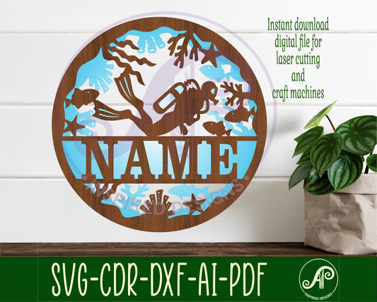 Scuba diver two layer name wall sign. SVG / DXF / AI / PDF / CDR