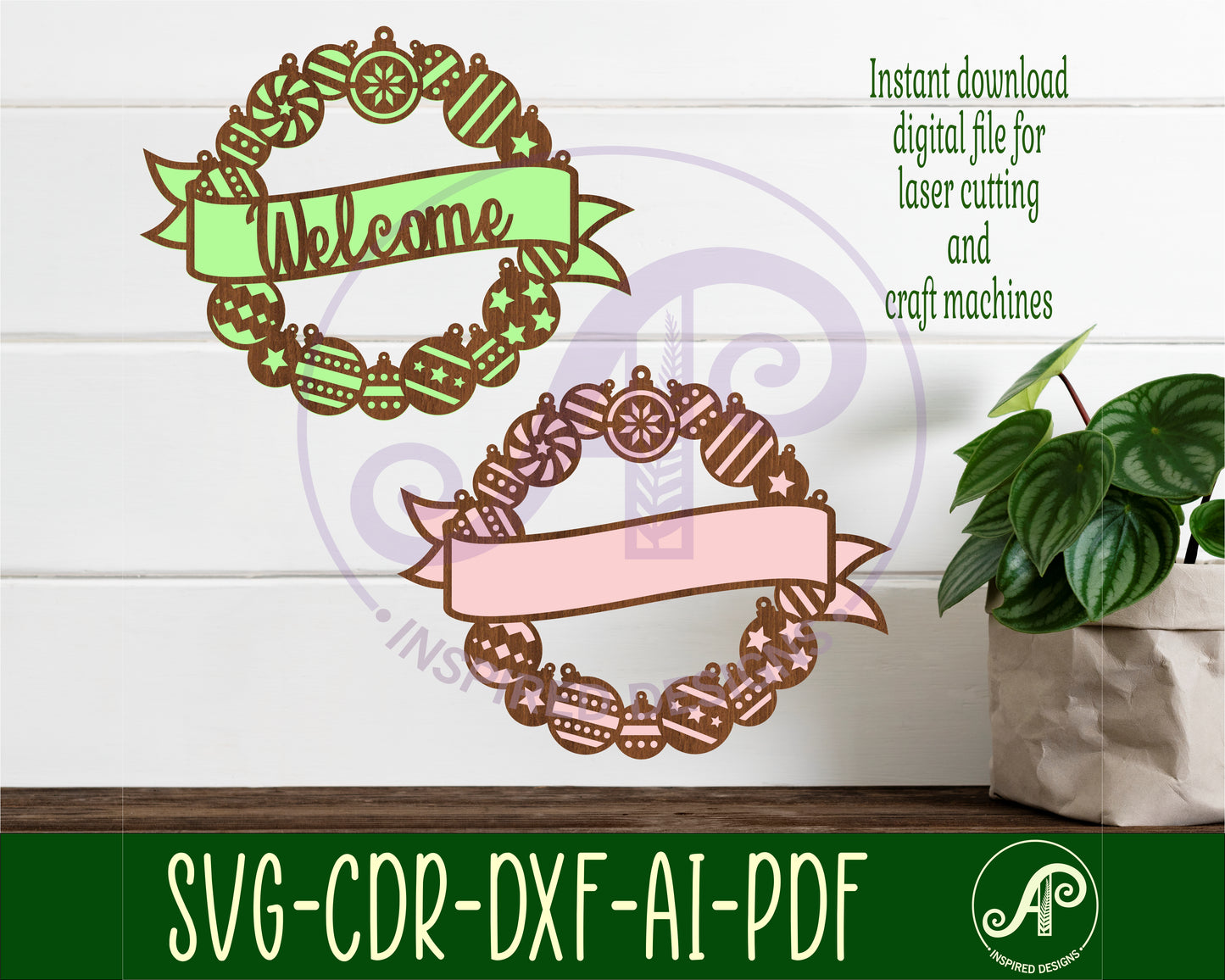 Christmas bauble wreath with banner wall sign design SVG / DXF / AI / PDF / CDR