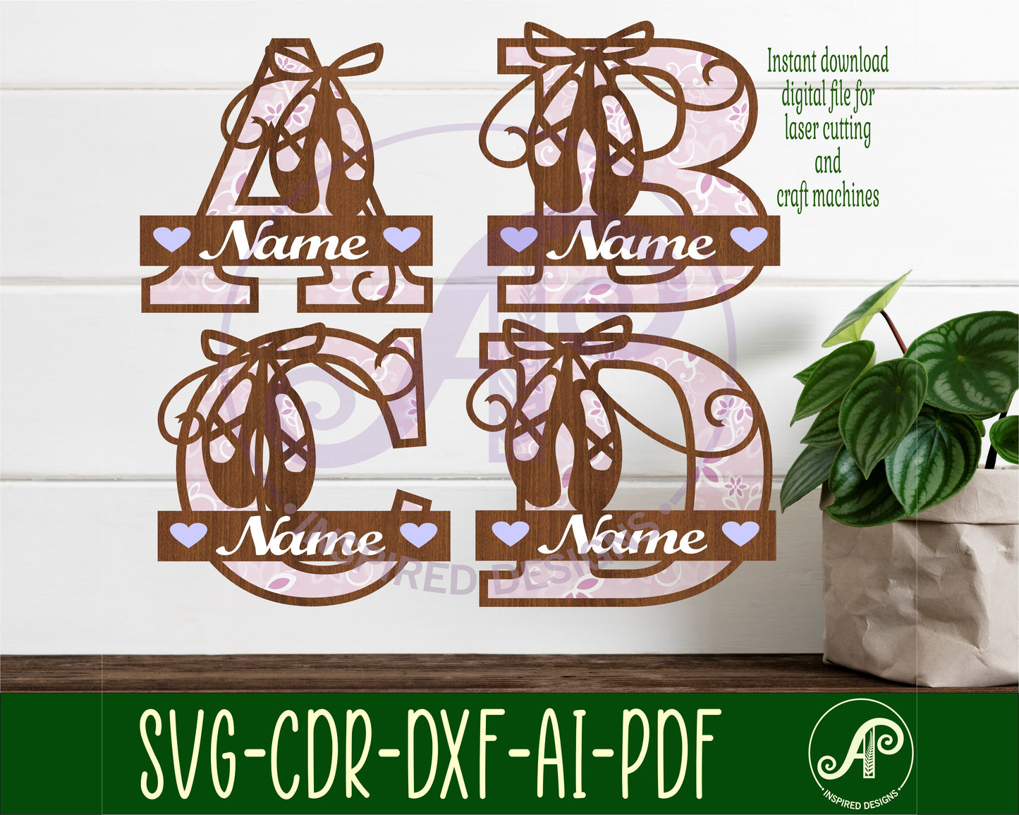 Ballet shoe layered monogram sign SVG / DXF / AI / PDF / CDR