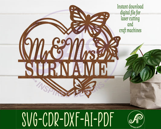 Butterfly heart wreath Mr and Mrs shape name sign SVG / DXF / AI / PDF / CDR