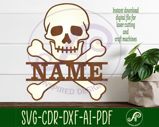 Skull and bones two layer shape name sign design 2 SVG / DXF / AI / PDF / CDR