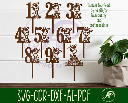 Cute giraffe number cake topper designs SVG / DXF / AI / PDF / CDR