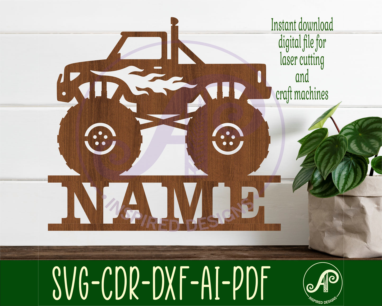 Monster truck with flames shape name sign SVG / DXF / AI / PDF / CDR