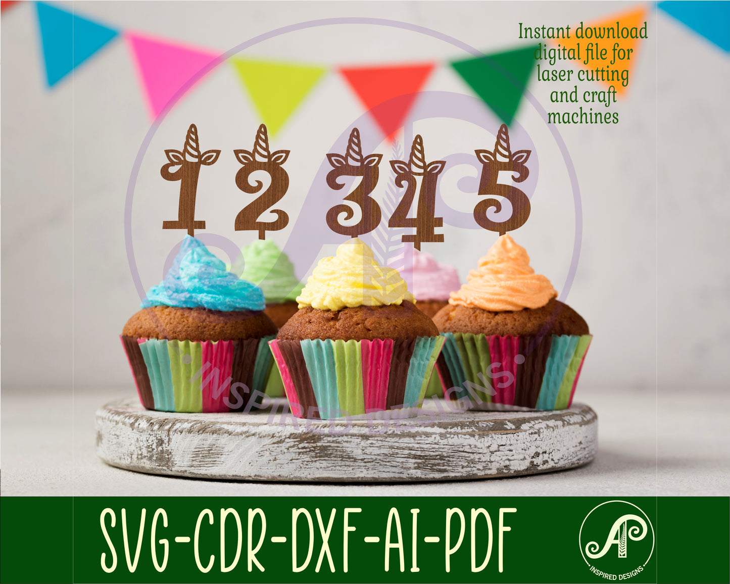 Unicorn horn number cupcake topper design SVG / DXF / AI / PDF / CDR