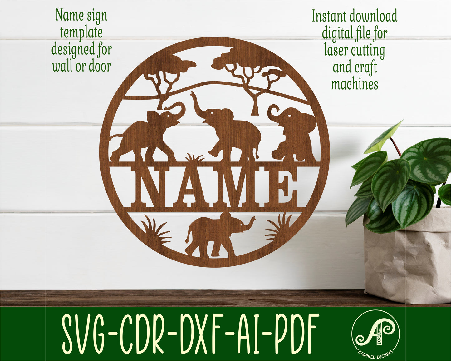 Baby Elephants name wall sign. SVG / DXF / AI / PDF / CDR