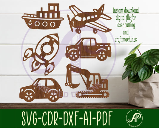 Transport vehicles designs, 6 silhouette shapes wall signs