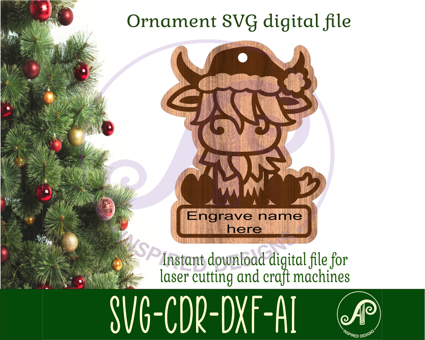 Highland cow engraved ornament design SVG / DXF / AI