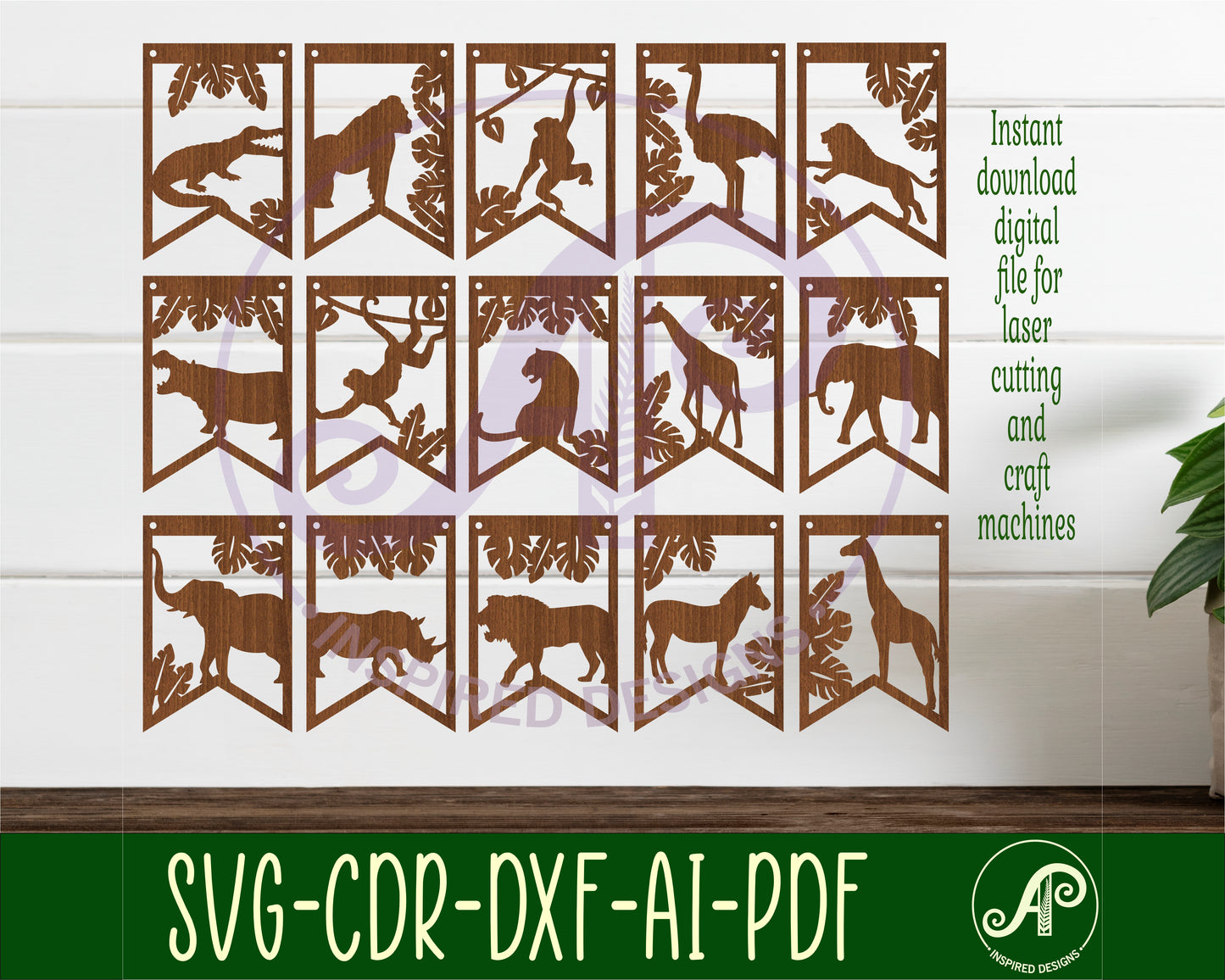 Wild animal bunting banner SVG laser cut, instant download Pdf, Dxf, Ai and Cdr template.