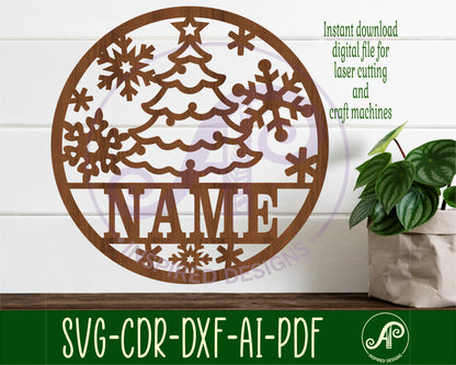 Christmas tree and snowflakes name wall sign. SVG / DXF / AI / PDF / CDR