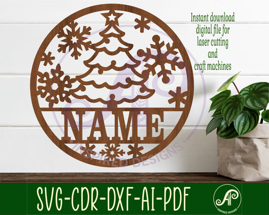 Christmas tree and snowflakes name wall sign. SVG / DXF / AI / PDF / CDR