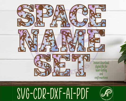 Space alphabet letter set. 51 letter options