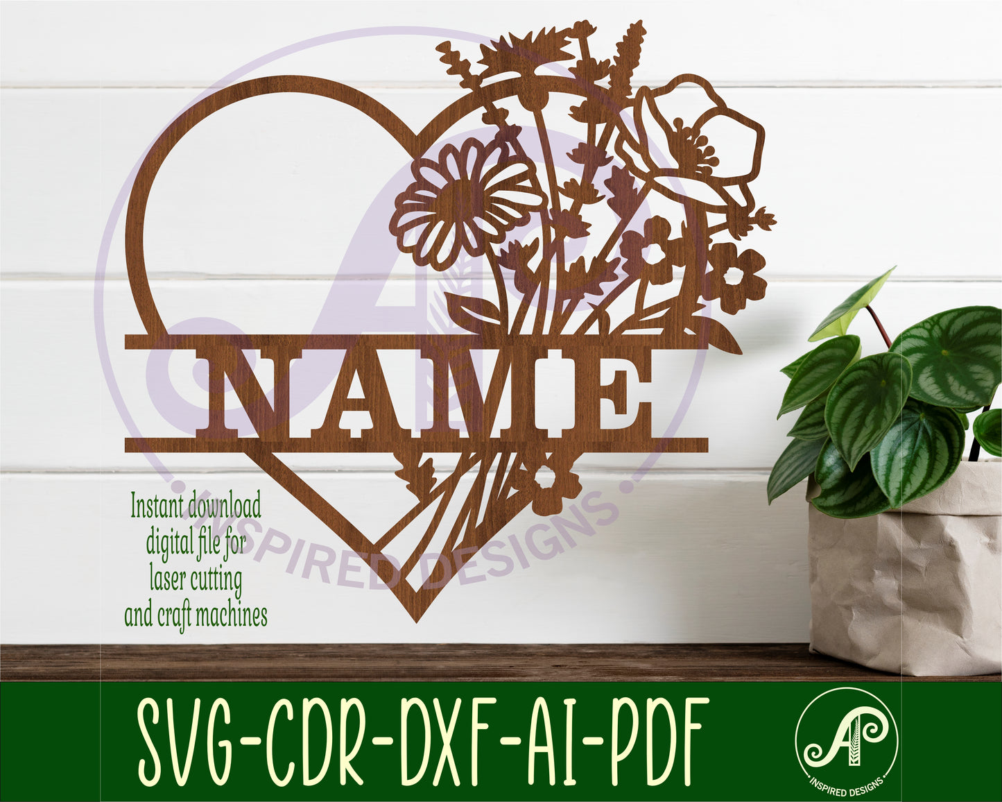 Heart wild flowers name wall sign. SVG / DXF / AI / PDF / CDR