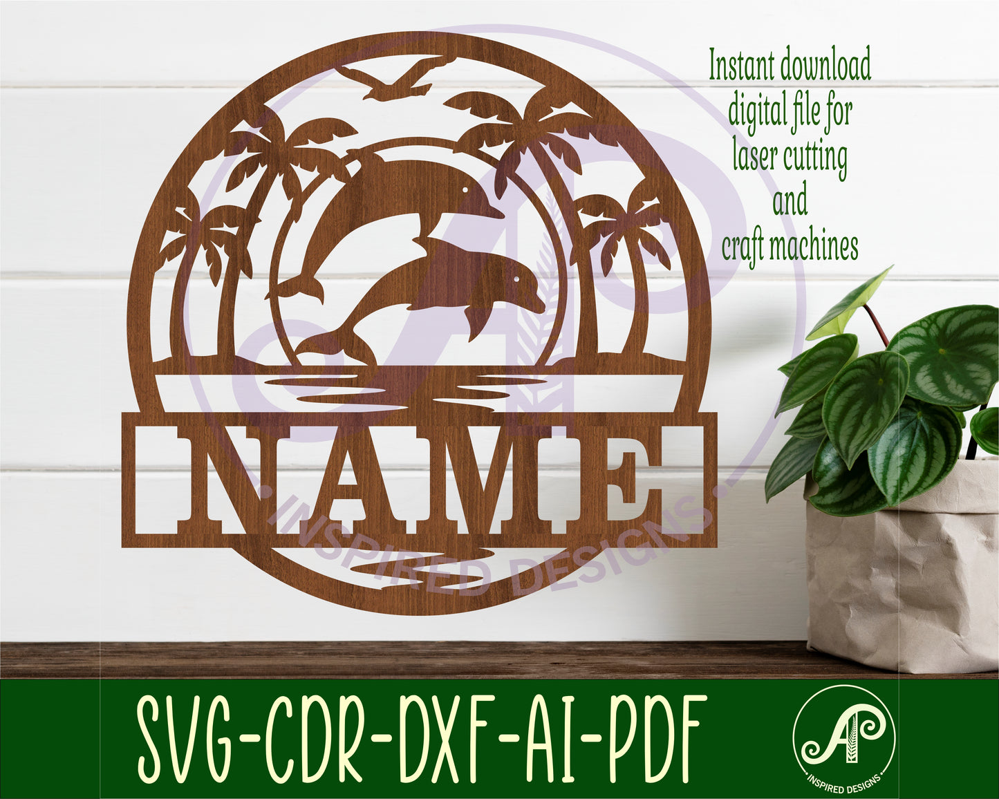 Sunset Dolphin name wall sign. SVG / DXF / AI / PDF / CDR