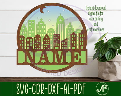 City scene layered name wall sign. SVG / DXF / AI / PDF / CDR