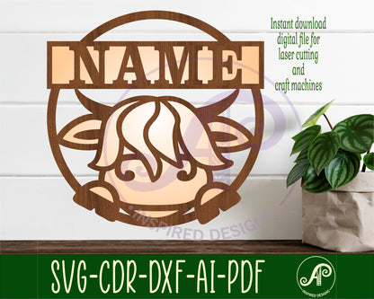 Cute Highland cow single name wall sign. SVG / DXF / AI / PDF / CDR