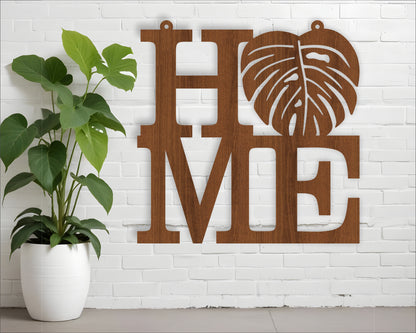 Home word with monstera leaf wall sign design SVG / DXF / AI / PDF / CDR