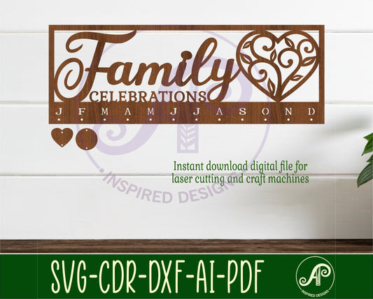 Family birthday calendar vine heart design  SVG / DXF / AI / PDF / CDR