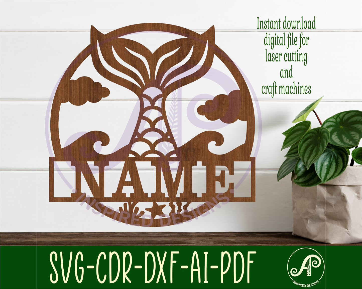 Mermaid tail name wall sign. SVG / DXF / AI / PDF / CDR